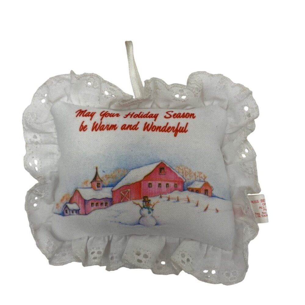 Christmas Holiday Decorative Pillow With Lace Trim & Snowy Barn Scene